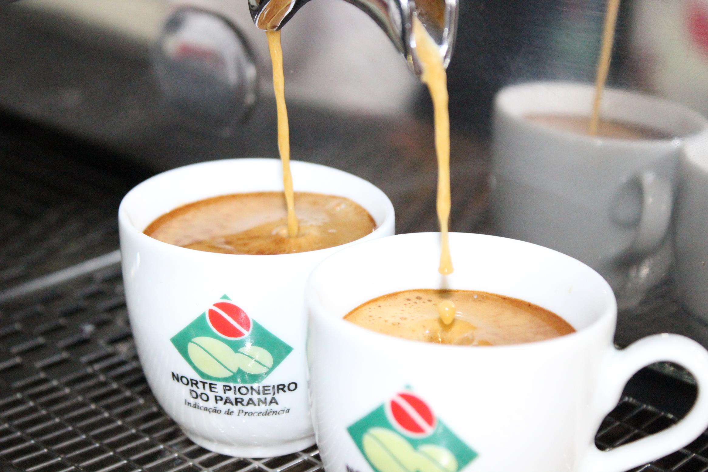 Xícara de cafezinho com logomarca dos Cafés Especiais do Norte Pioneiro, na maquina de café