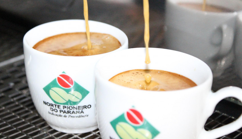 Xícara de cafezinho com logomarca dos Cafés Especiais do Norte Pioneiro, na maquina de café
