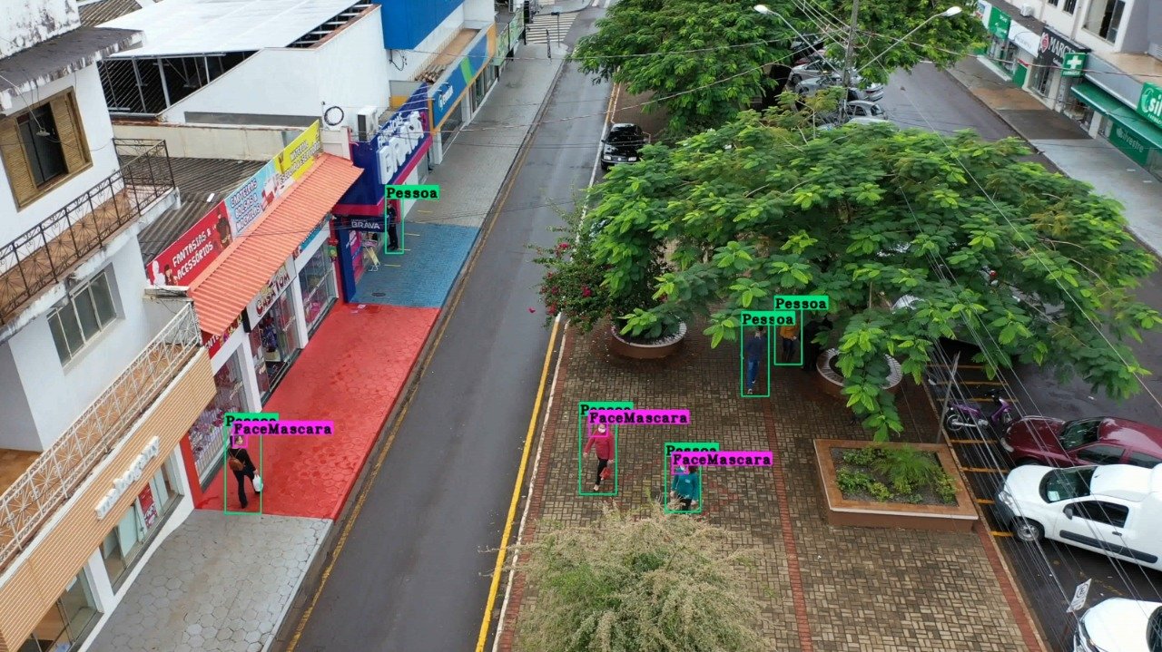 Com imagens do drone, em Realeza, o All-Clear identifica pessoas com e sem m&aacute;scara 
